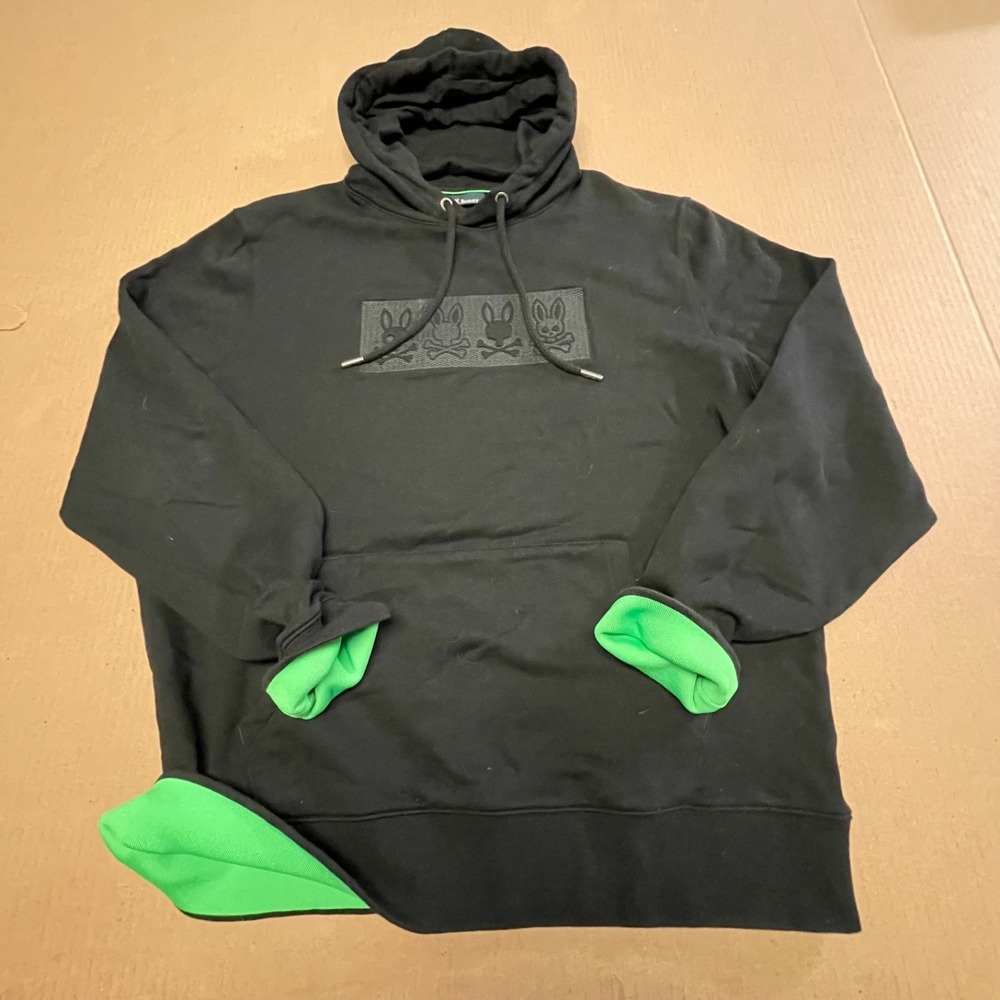 Psycho‎ Bunny Men's L Embroidered Spellout Logo Pullover Hoodie Black Neon Green